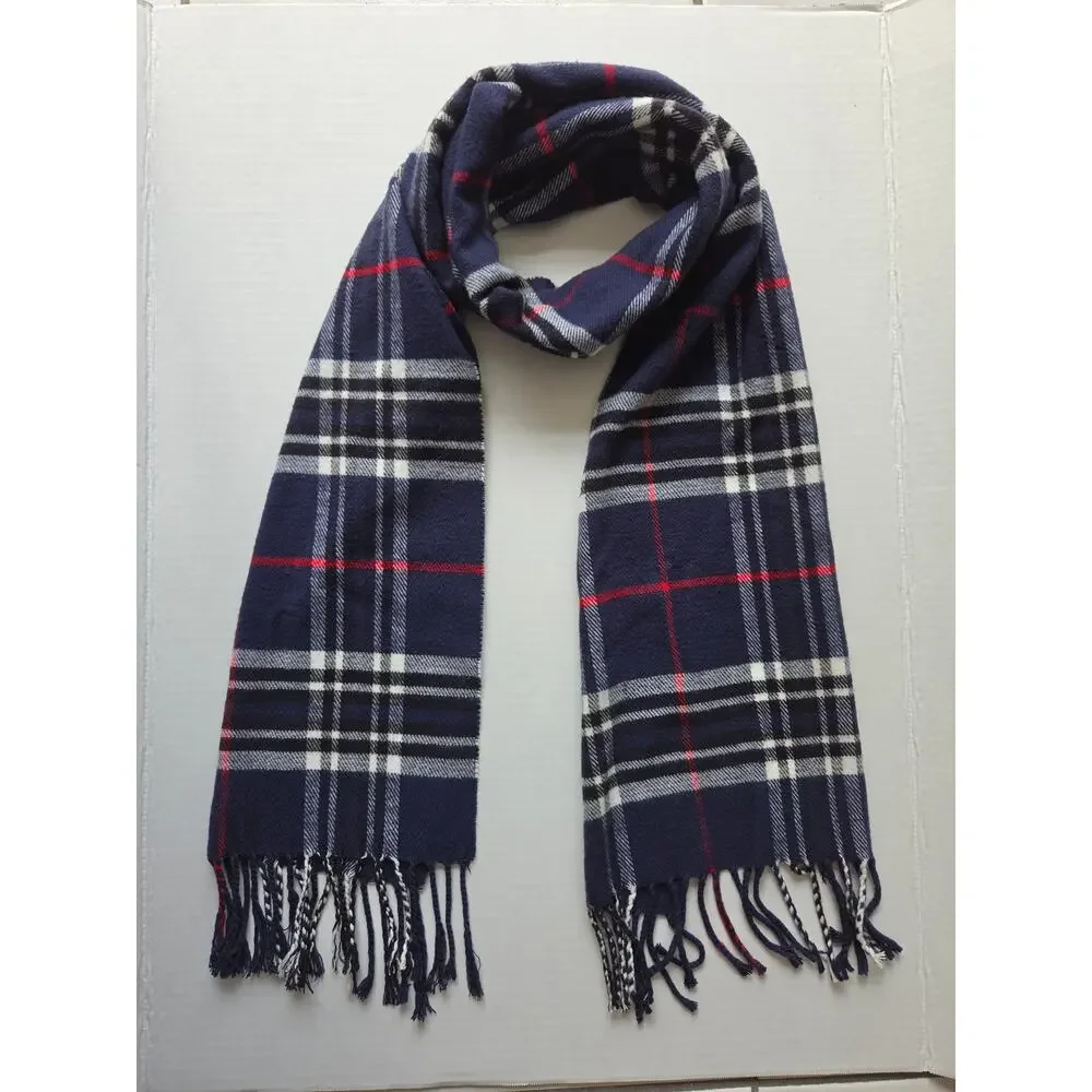 100% Cashmere Scarf Made in Scotland Navy Plaid Fringe 65